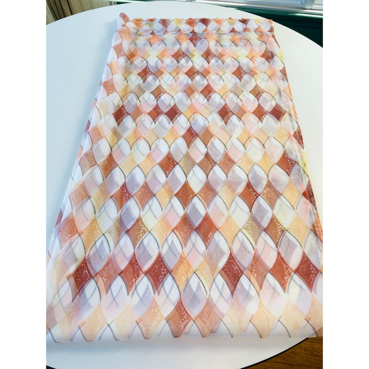 Vintage 70s curtain, sheer orange brown white geometric pattern
