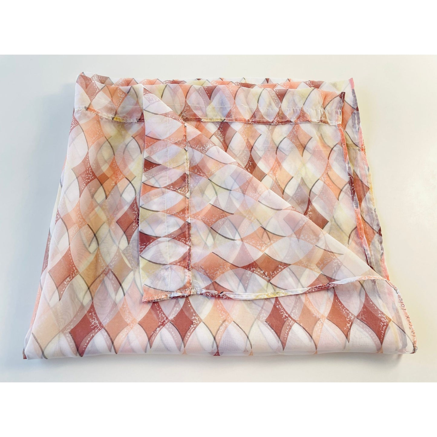 Vintage 70s curtain, sheer orange brown white geometric pattern