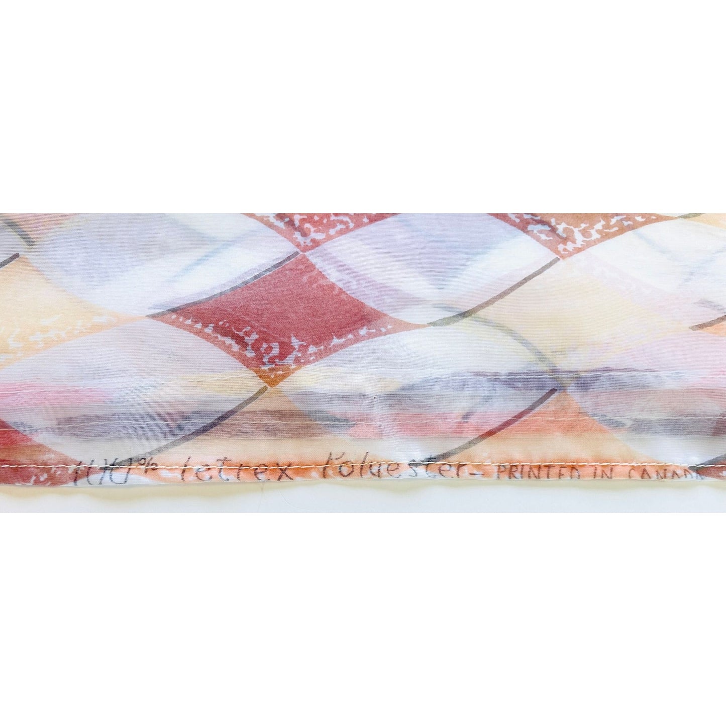Vintage 70s curtain, sheer orange brown white geometric pattern