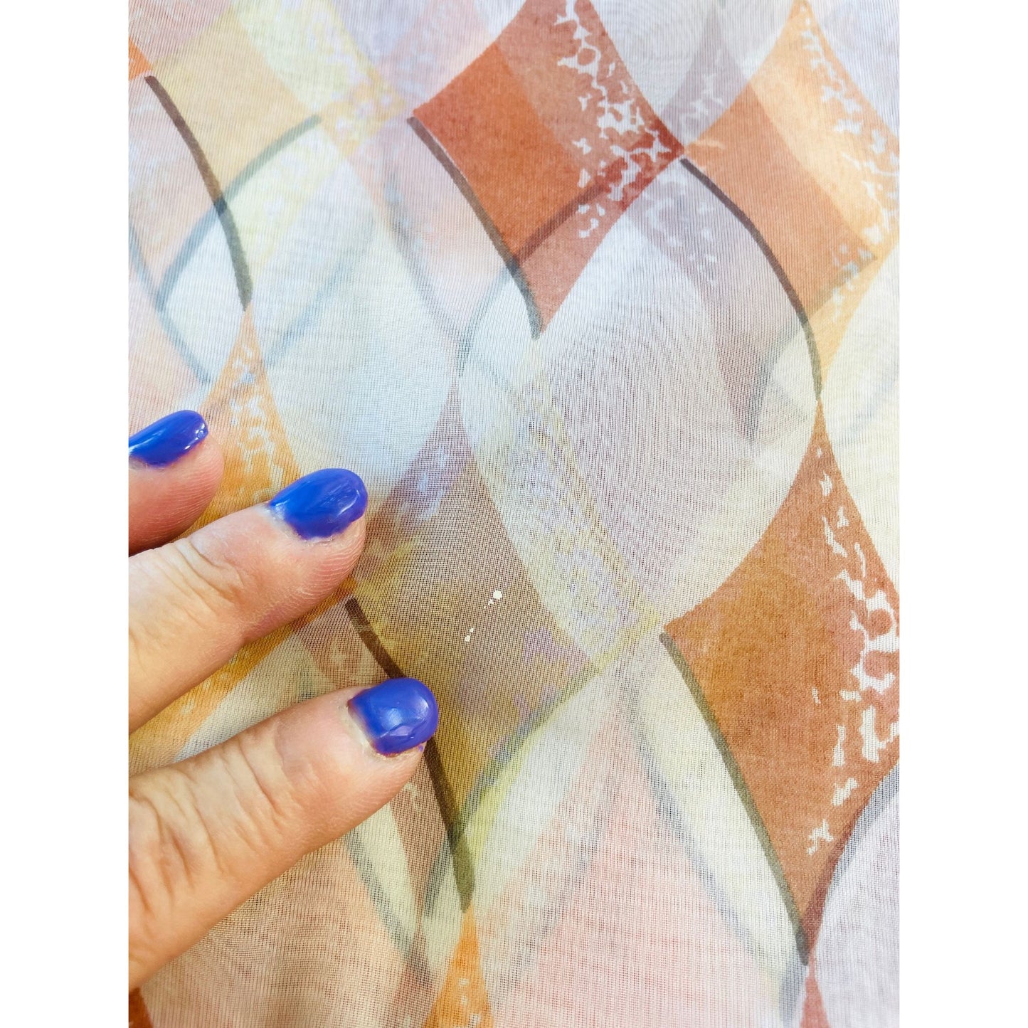 Vintage 70s curtain, sheer orange brown white geometric pattern