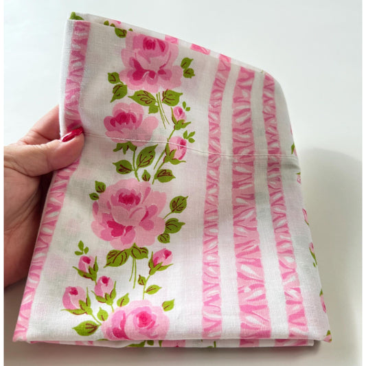 Vintage 70s pillowcase, pink cabbage roses, floral stripes, Wabasso