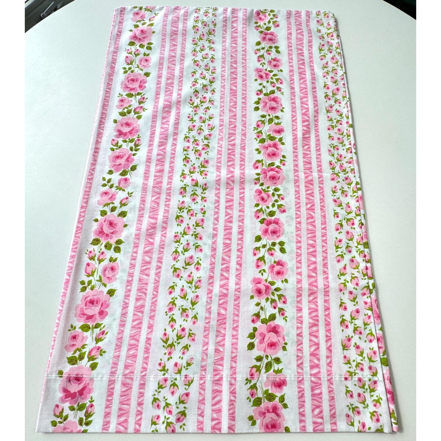 Vintage 70s pillowcase, pink cabbage roses, floral stripes, Wabasso