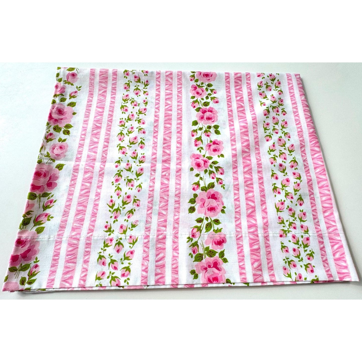 Vintage 70s pillowcase, pink cabbage roses, floral stripes, Wabasso