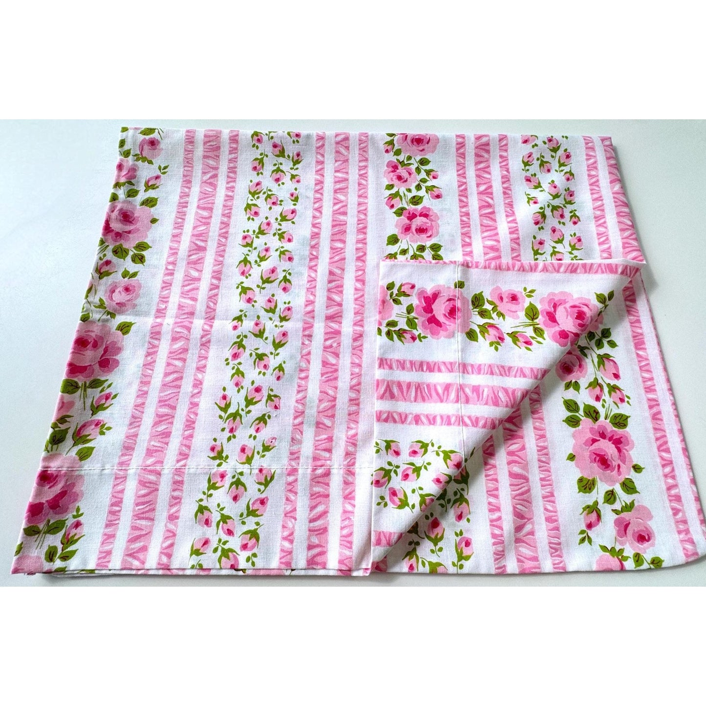 Vintage 70s pillowcase, pink cabbage roses, floral stripes, Wabasso
