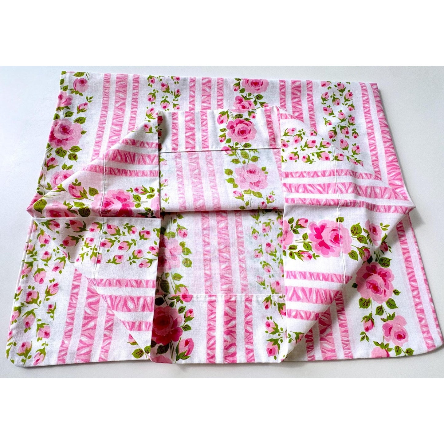 Vintage 70s pillowcase, pink cabbage roses, floral stripes, Wabasso