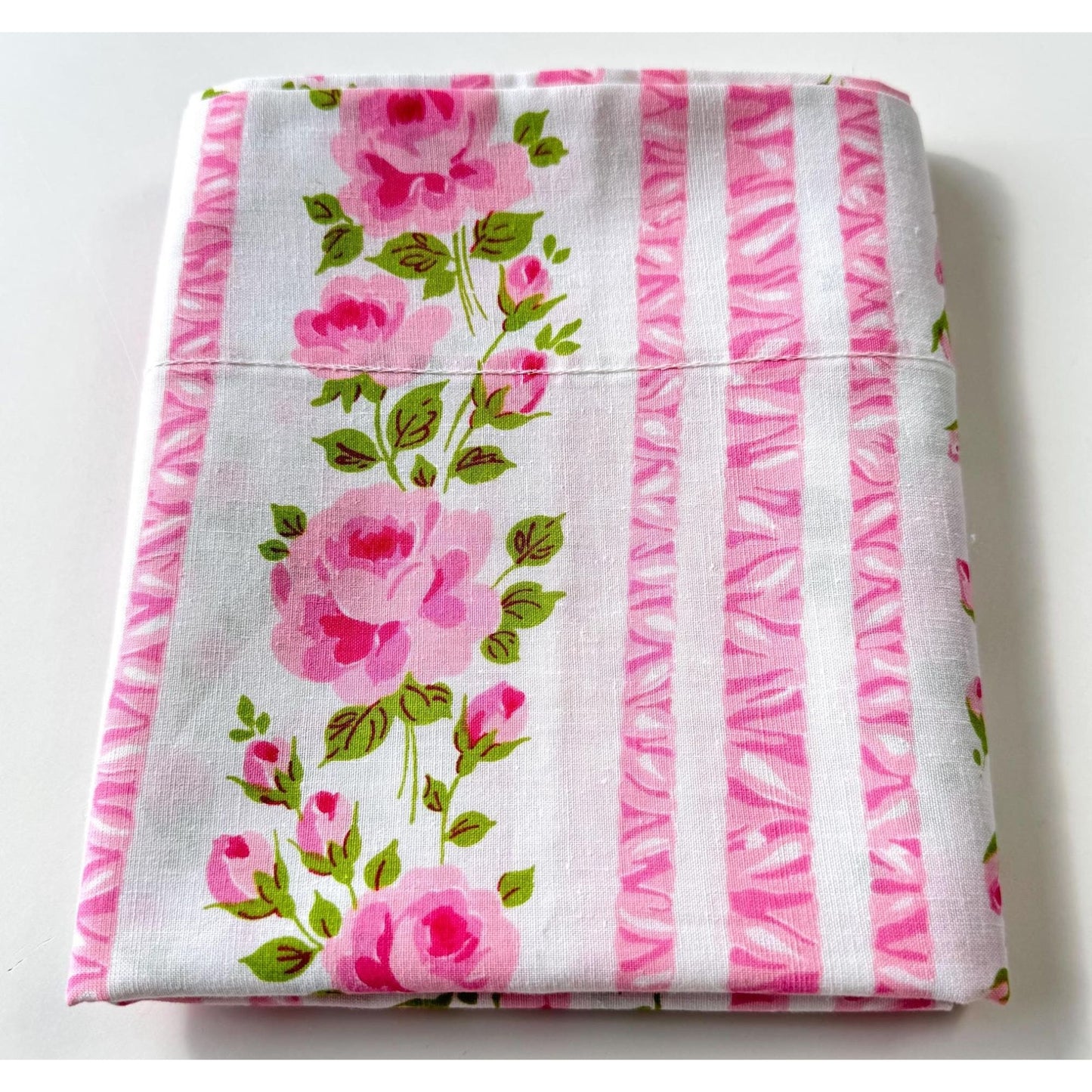 Vintage 70s pillowcase, pink cabbage roses, floral stripes, Wabasso