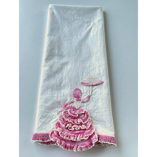 Vintage embroidered pillowcase, percale, pink crocheted lady