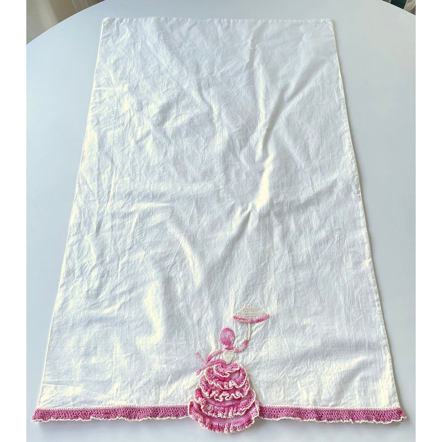 Vintage embroidered pillowcase, percale, pink crocheted lady