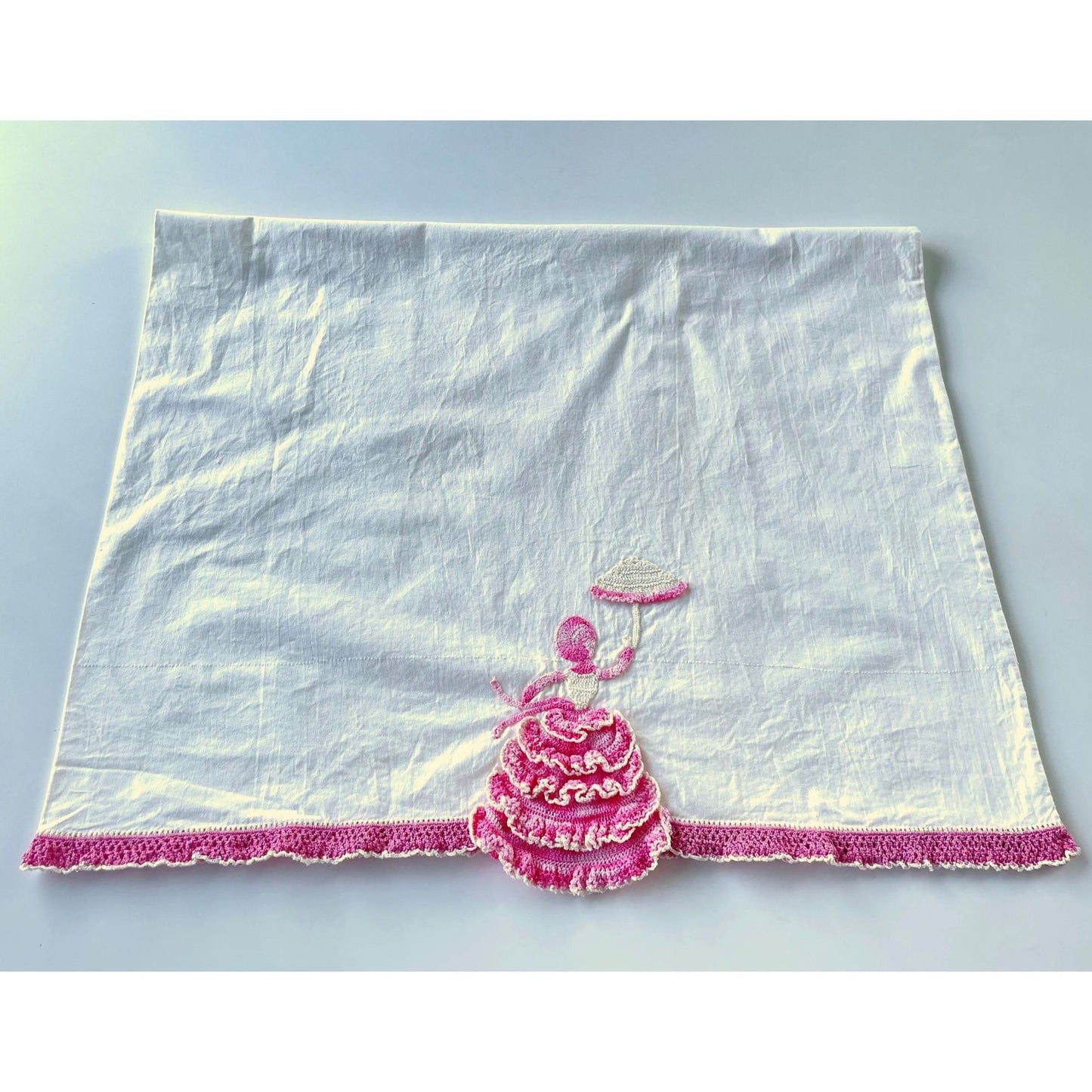 Vintage embroidered pillowcase, percale, pink crocheted lady
