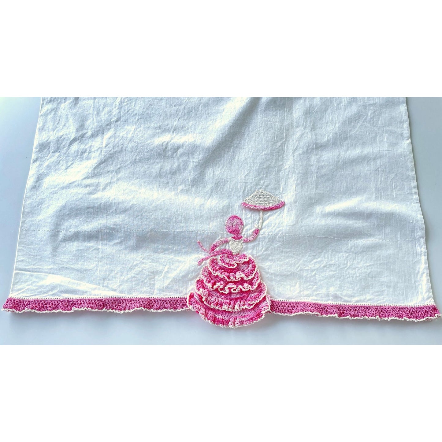 Vintage embroidered pillowcase, percale, pink crocheted lady