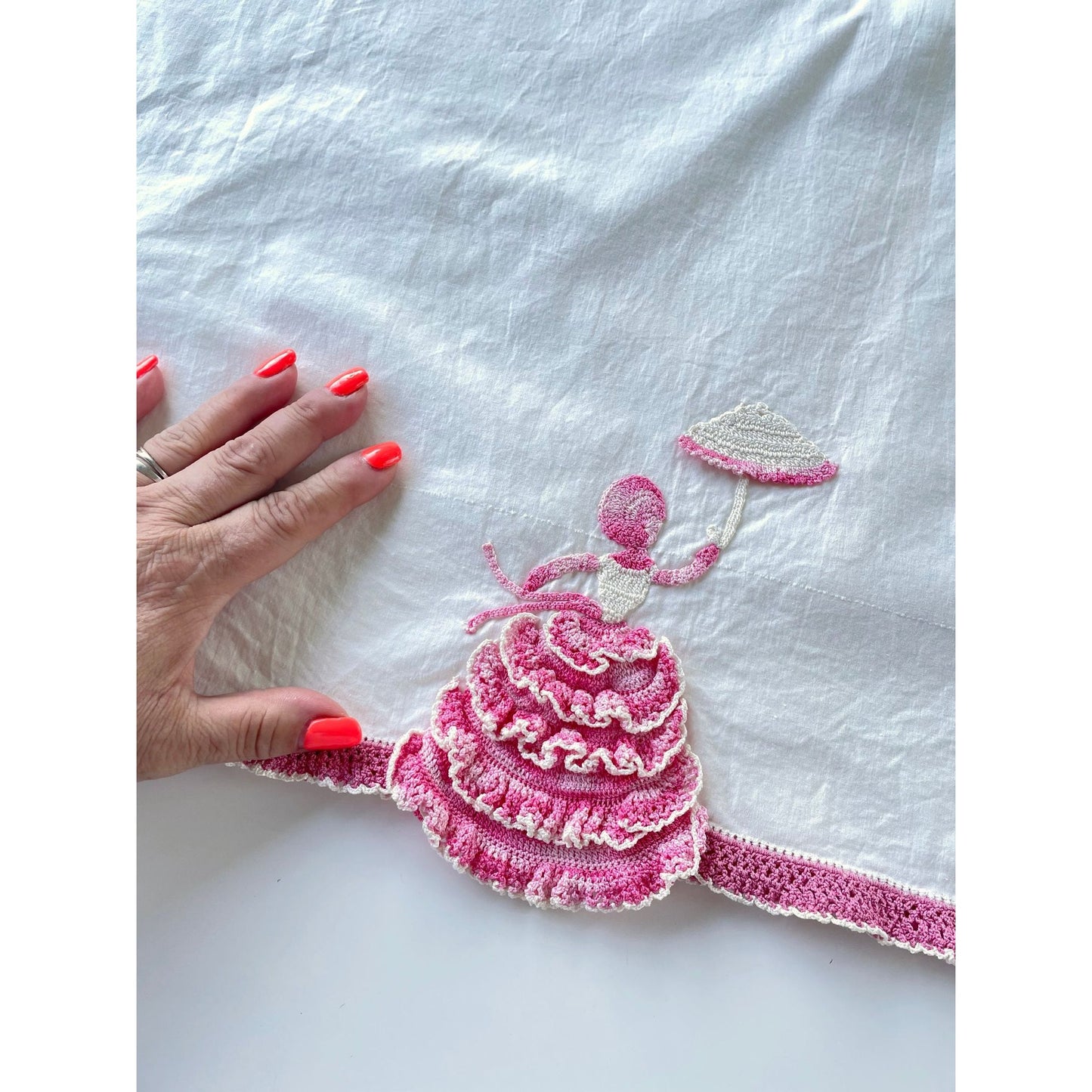 Vintage embroidered pillowcase, percale, pink crocheted lady