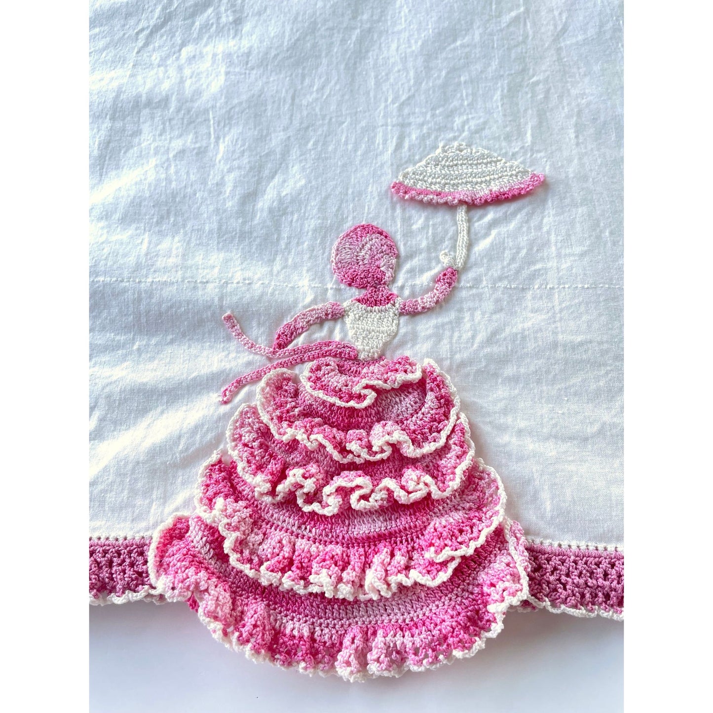 Vintage embroidered pillowcase, percale, pink crocheted lady