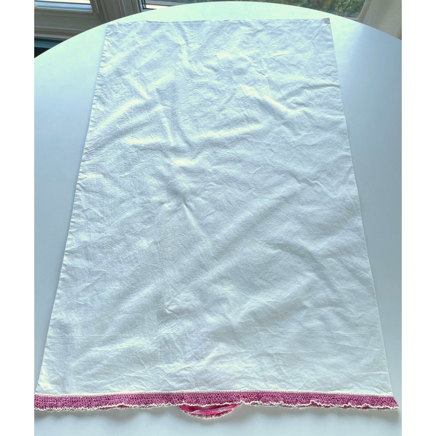 Vintage embroidered pillowcase, percale, pink crocheted lady