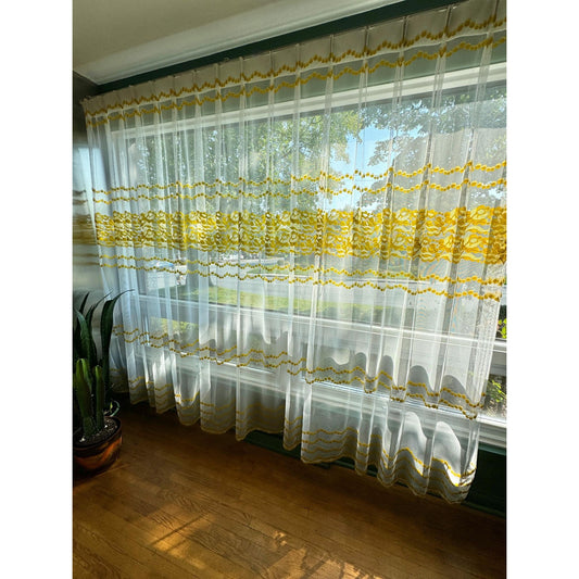 Vintage 70s pleated curtain, bright yellow floral & dots embroidered pattern