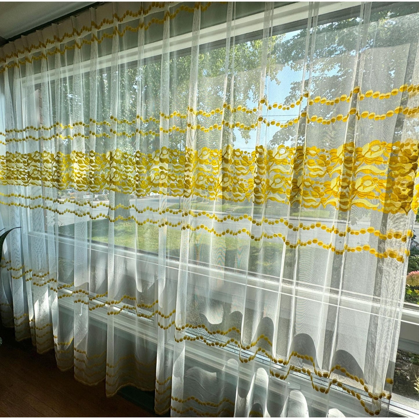 Vintage 70s pleated curtain, bright yellow floral & dots embroidered pattern