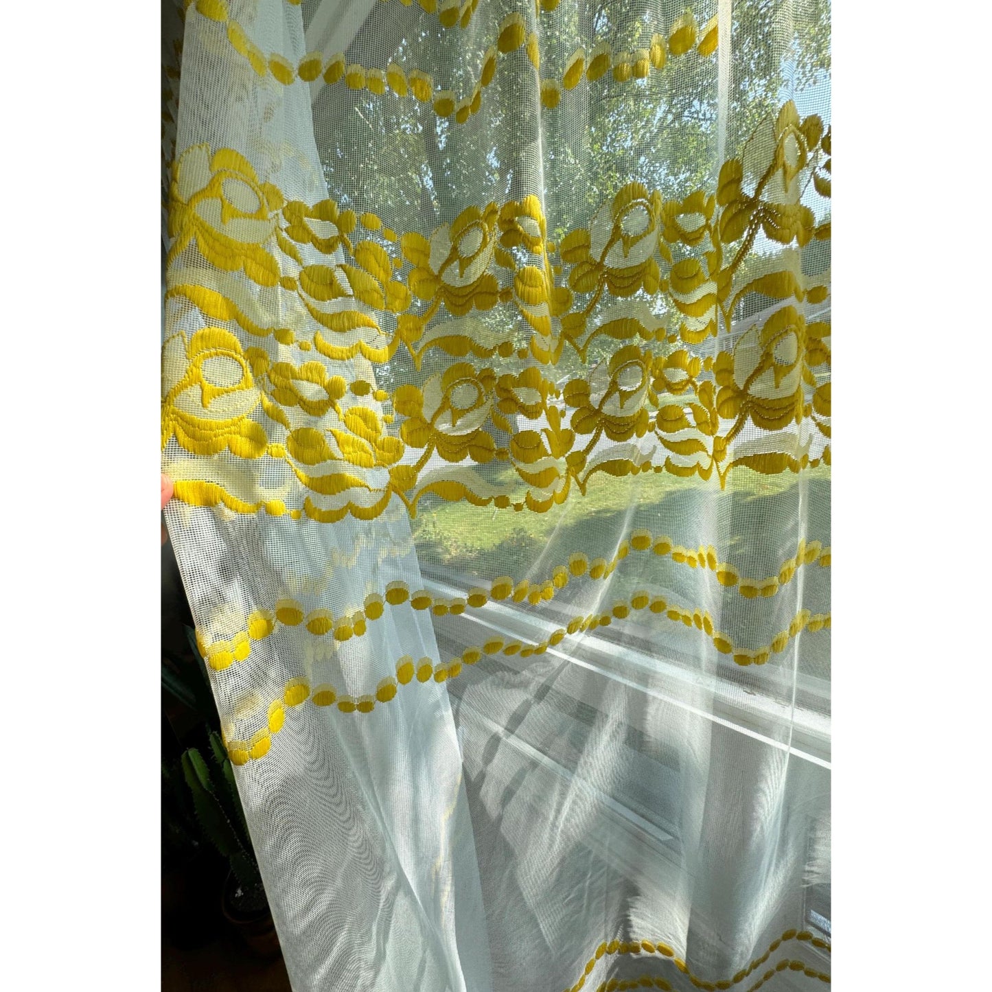 Vintage 70s pleated curtain, bright yellow floral & dots embroidered pattern