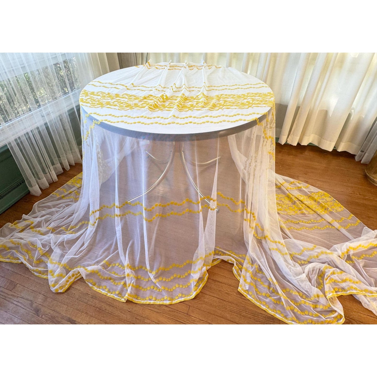 Vintage 70s pleated curtain, bright yellow floral & dots embroidered pattern