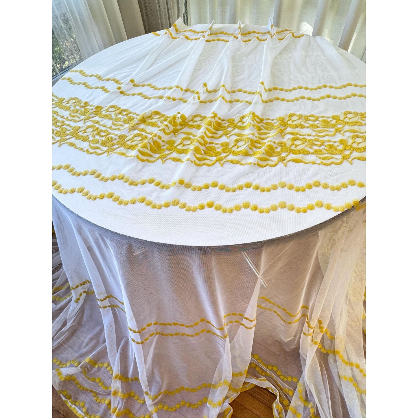 Vintage 70s pleated curtain, bright yellow floral & dots embroidered pattern