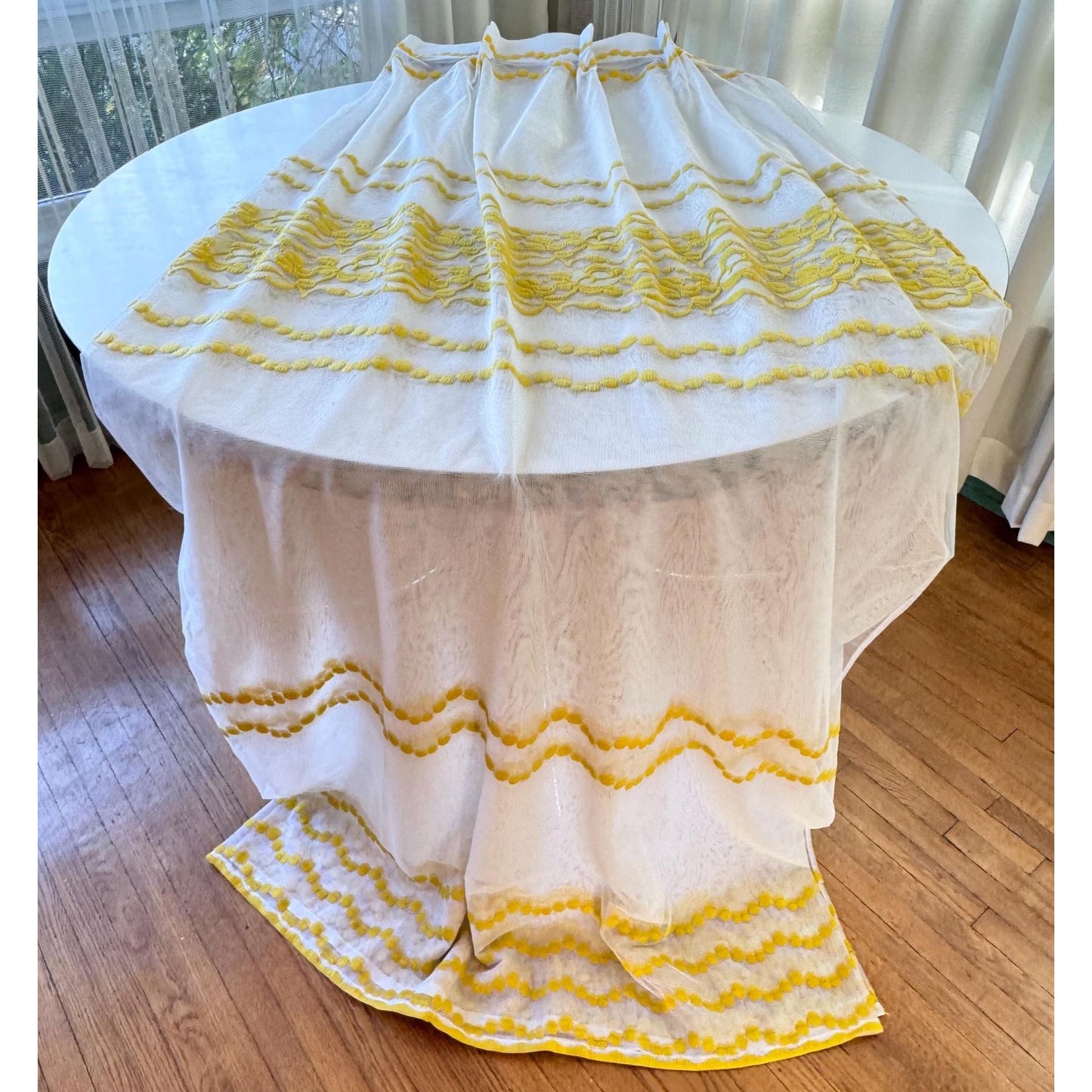 Vintage 70s pleated curtain, bright yellow floral & dots embroidered pattern