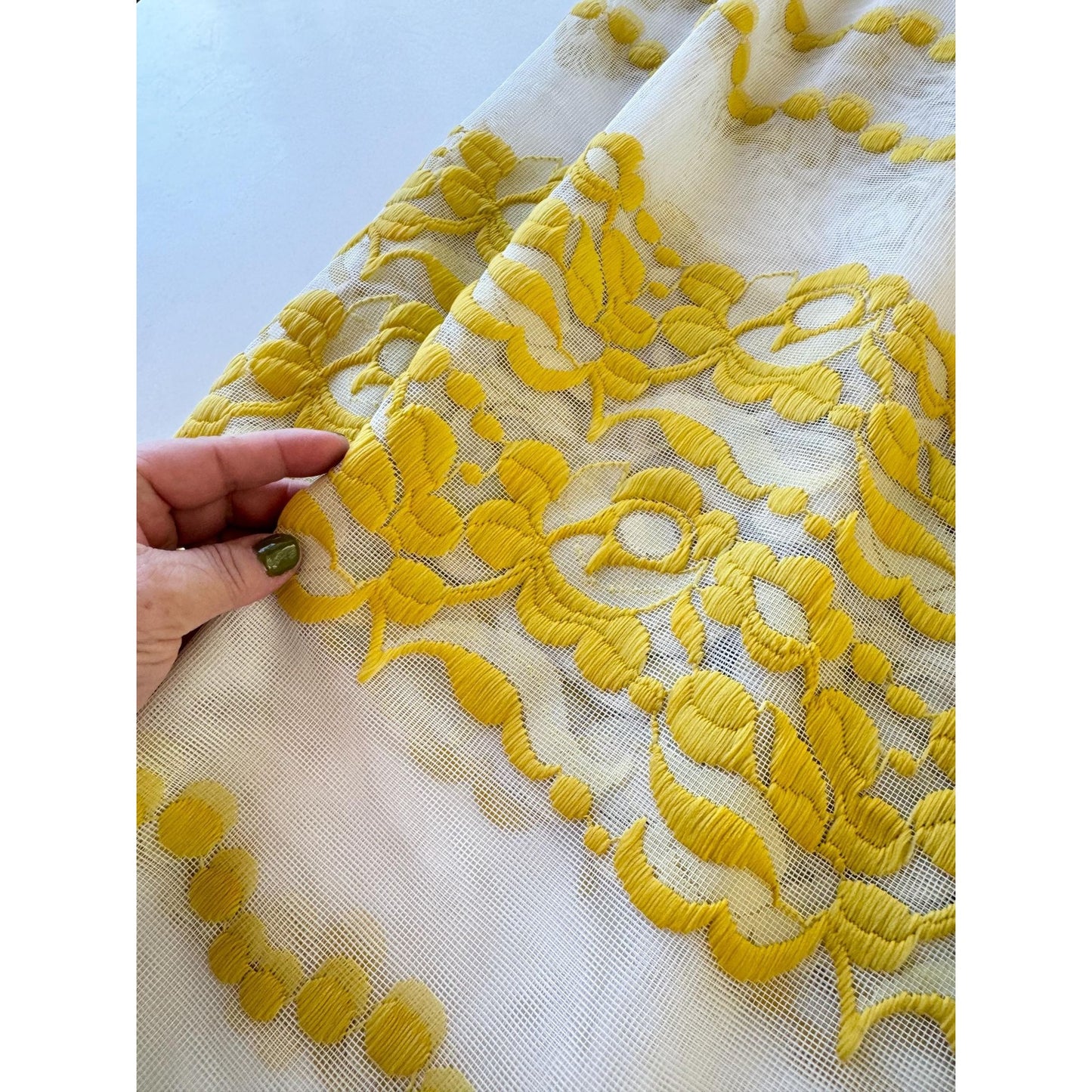 Vintage 70s pleated curtain, bright yellow floral & dots embroidered pattern