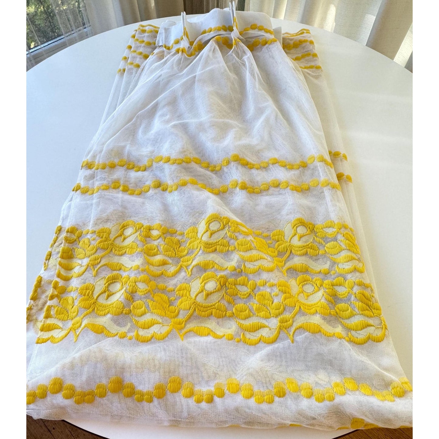 Vintage 70s pleated curtain, bright yellow floral & dots embroidered pattern
