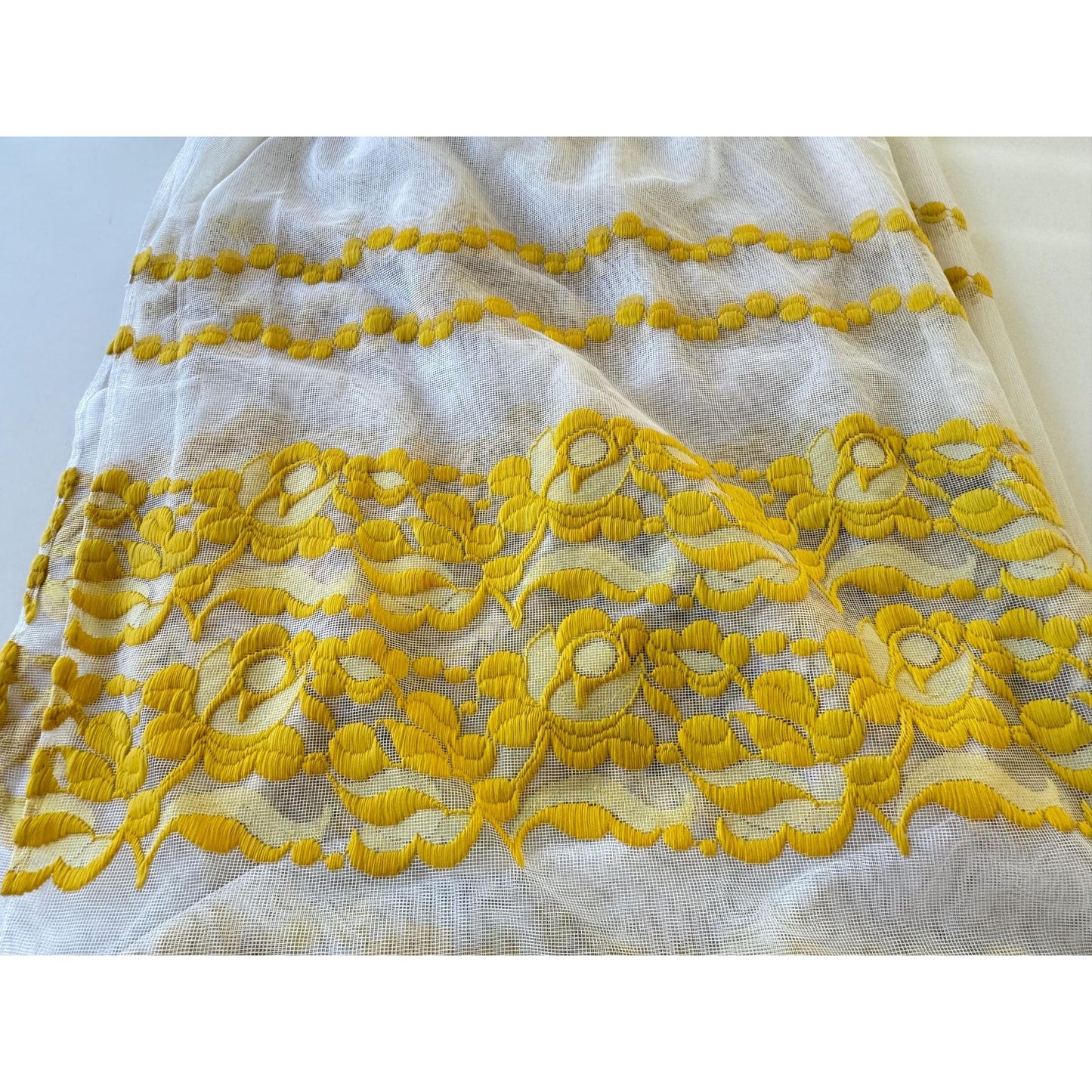 Vintage 70s pleated curtain, bright yellow floral & dots embroidered pattern