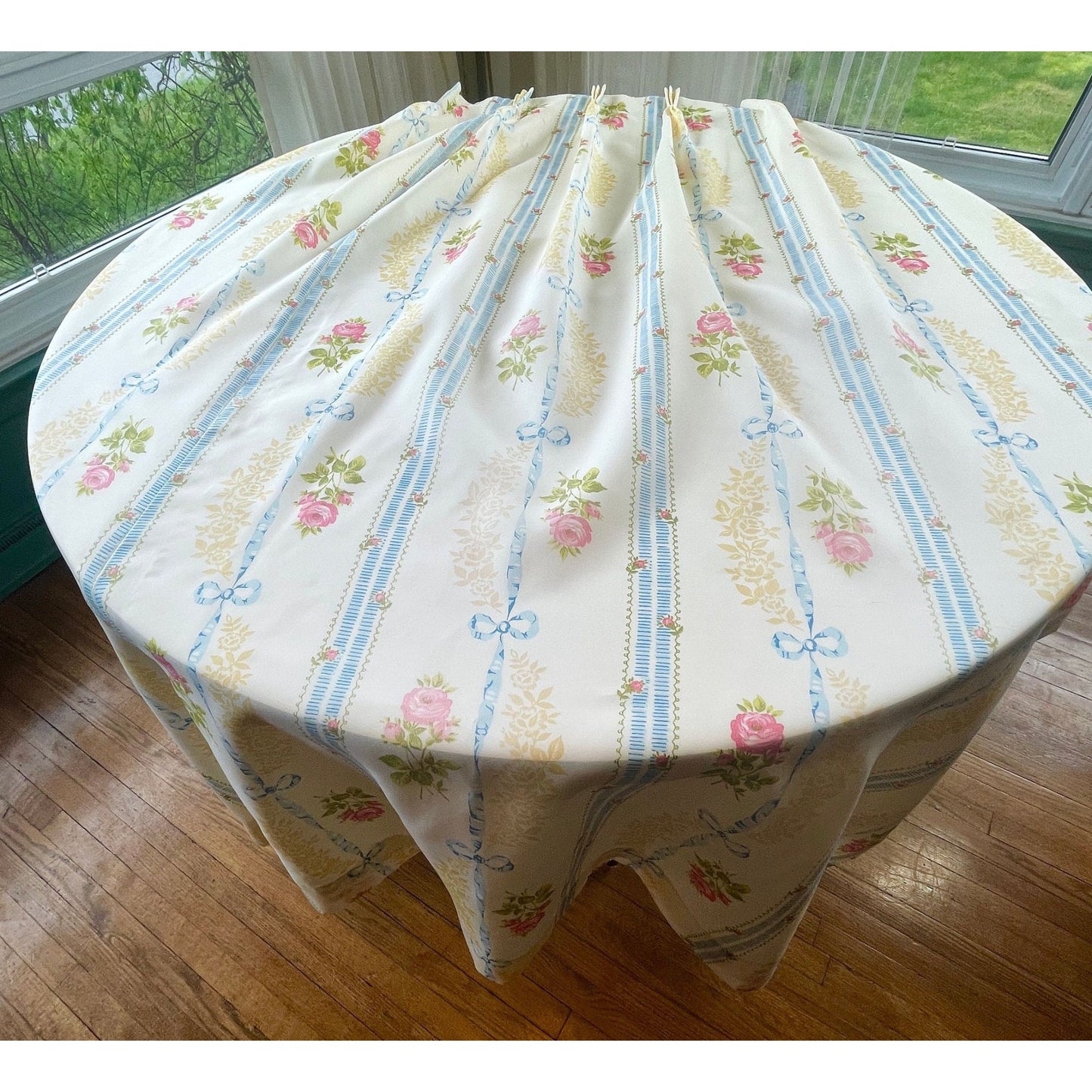Vintage pleated curtain, blue, pink flowers, lined panel