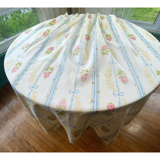 Vintage pleated curtain, blue, pink flowers, lined panel