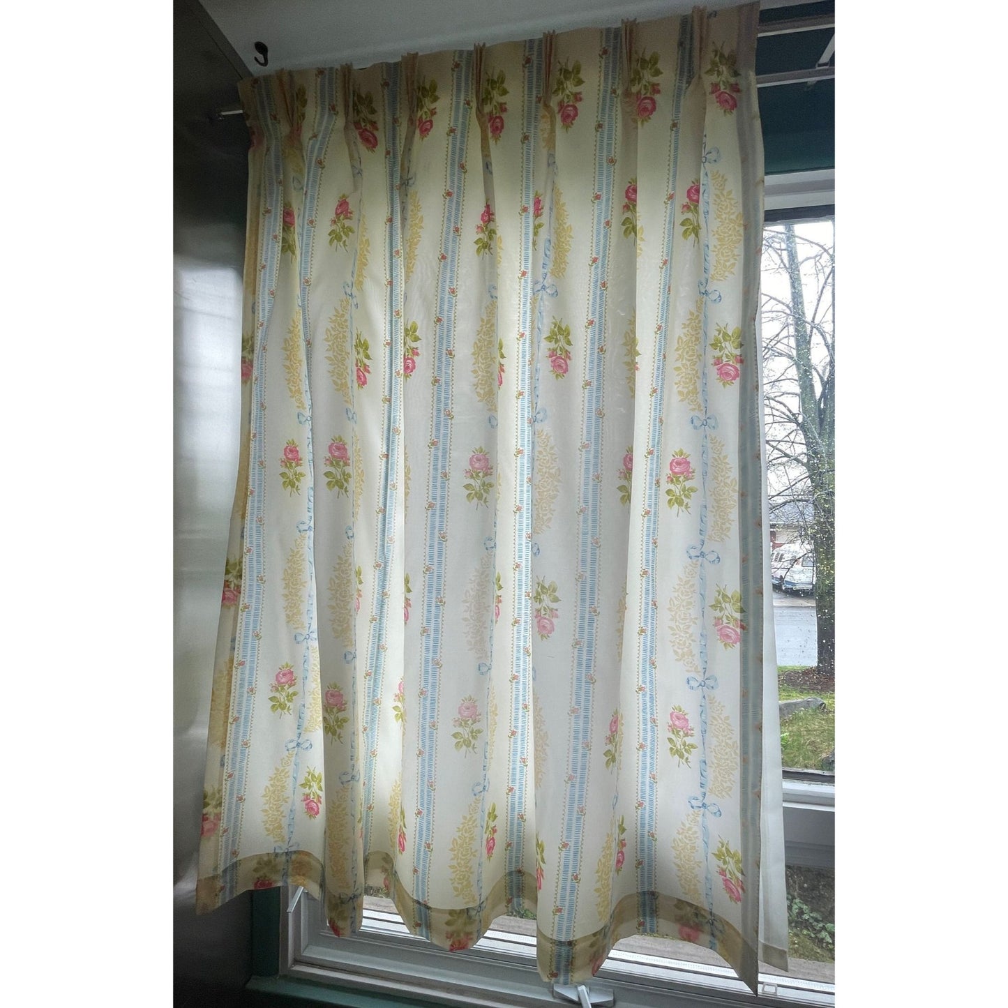 Vintage pleated curtain, blue, pink flowers, lined panel
