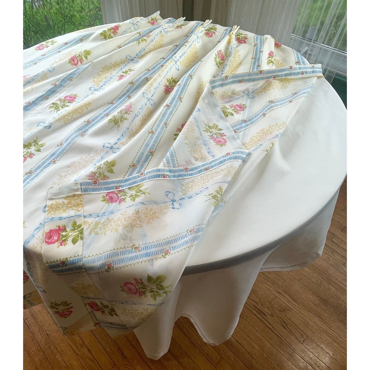 Vintage pleated curtain, blue, pink flowers, lined panel
