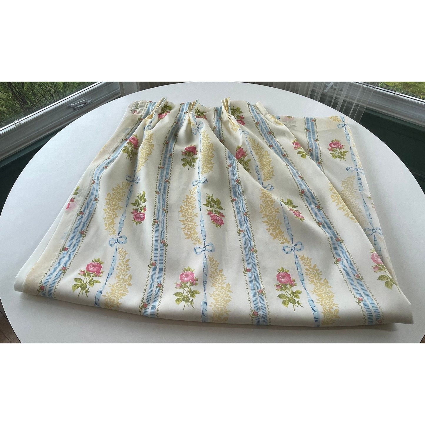 Vintage pleated curtain, blue, pink flowers, lined panel