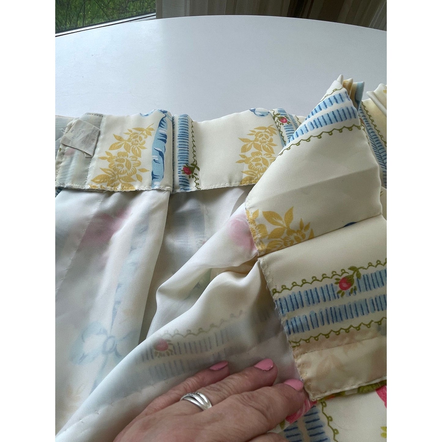 Vintage pleated curtain, blue, pink flowers, lined panel