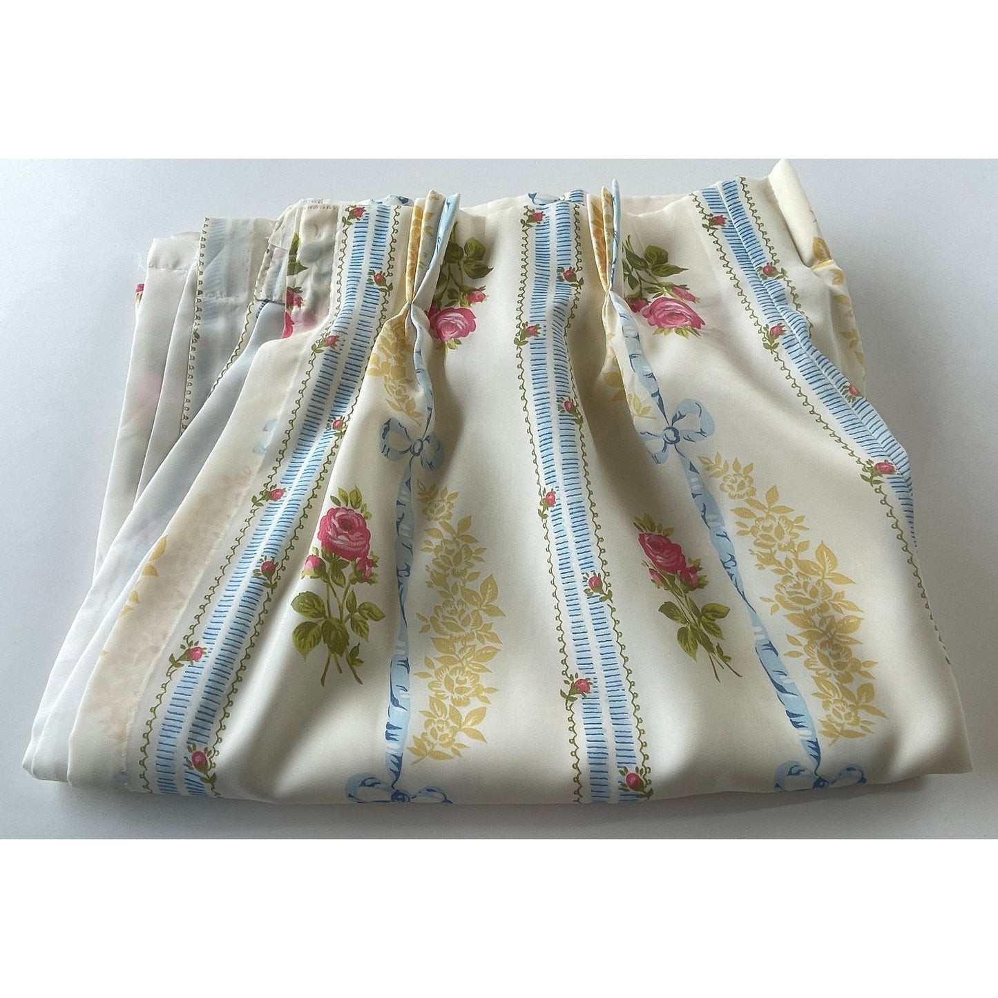 Vintage pleated curtain, blue, pink flowers, lined panel