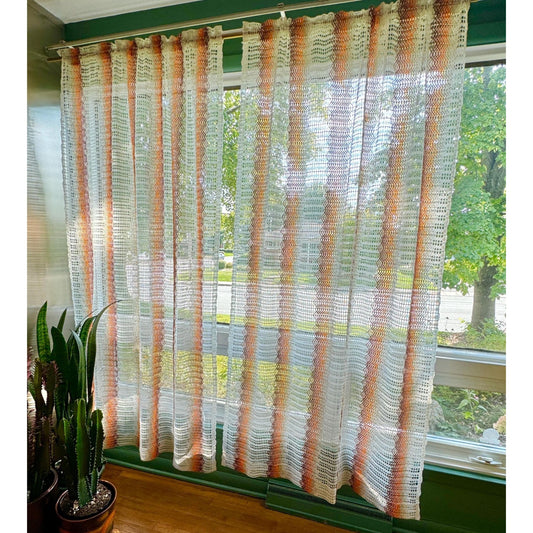 Vintage 70s curtain, white, orange groovy stripes, mesh panel