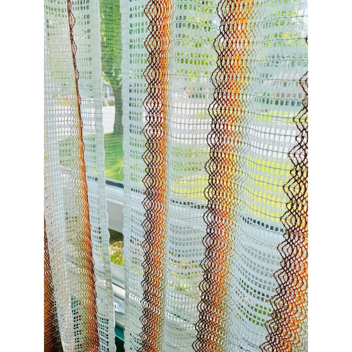 Vintage 70s curtain, white, orange groovy stripes, mesh panel