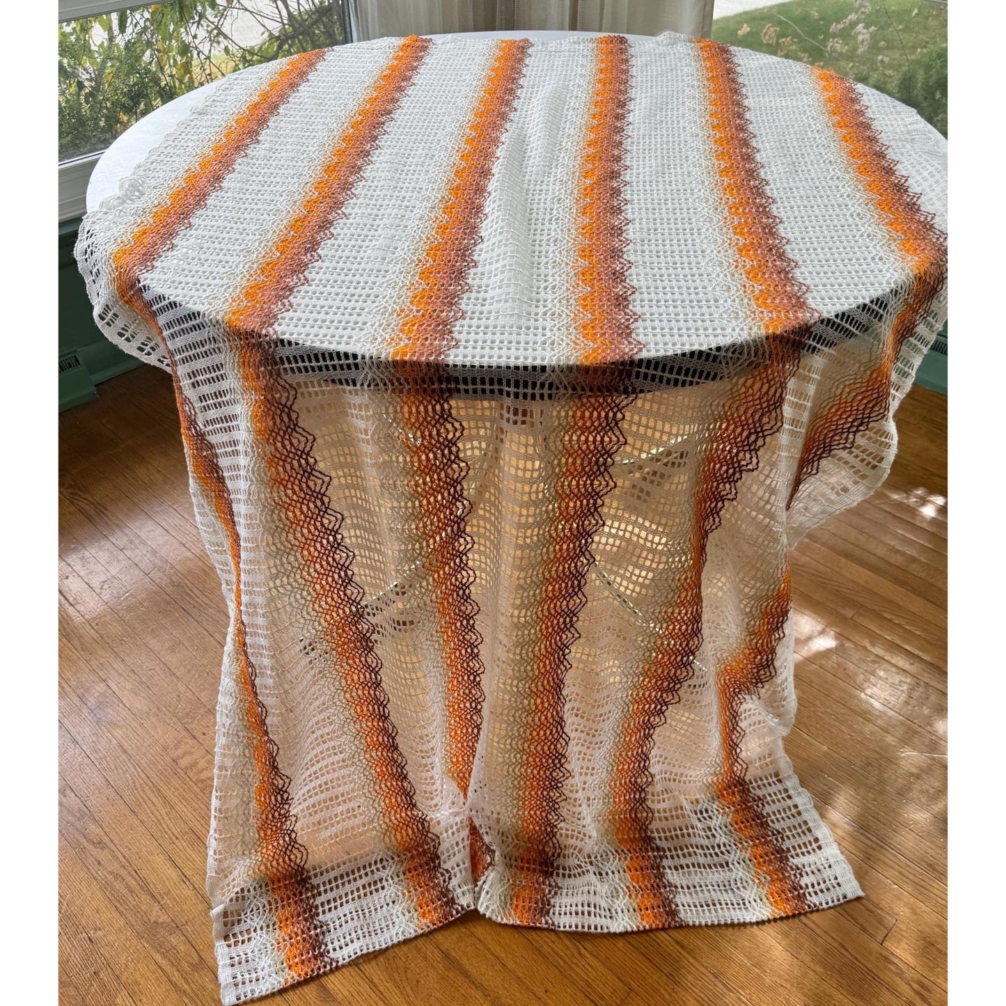 Vintage 70s curtain, white, orange groovy stripes, mesh panel