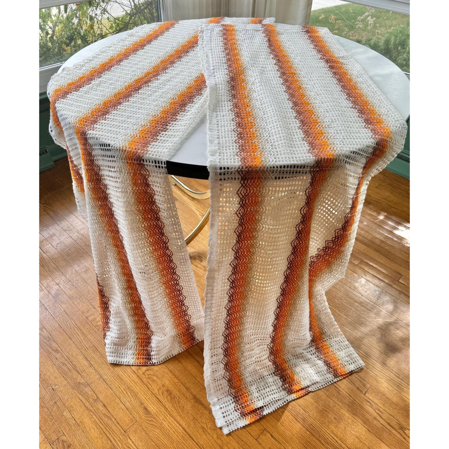 Vintage 70s curtain, white, orange groovy stripes, mesh panel