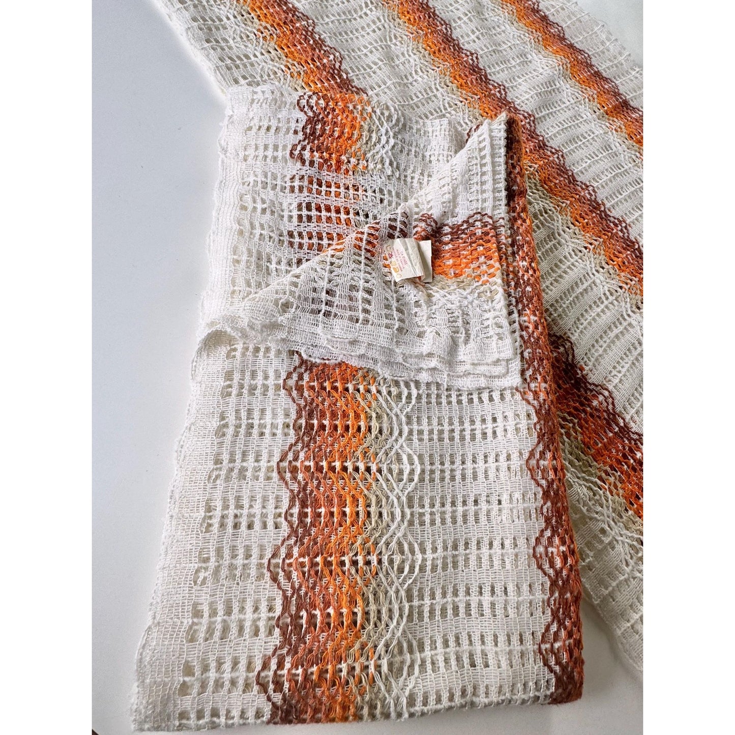 Vintage 70s curtain, white, orange groovy stripes, mesh panel