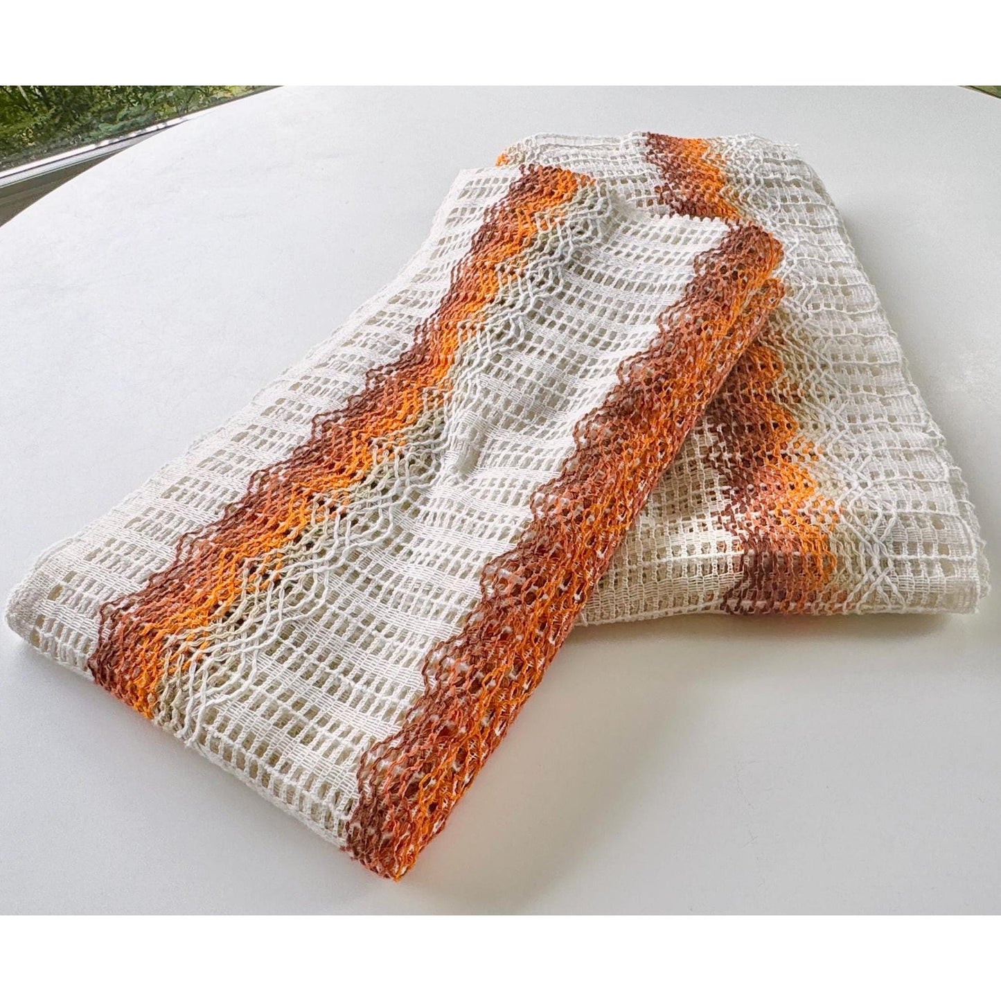 Vintage 70s curtain, white, orange groovy stripes, mesh panel