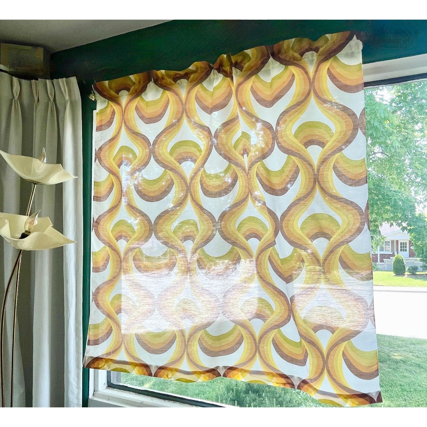 Vintage 70s curtain, bold orange green geometric print, single panel