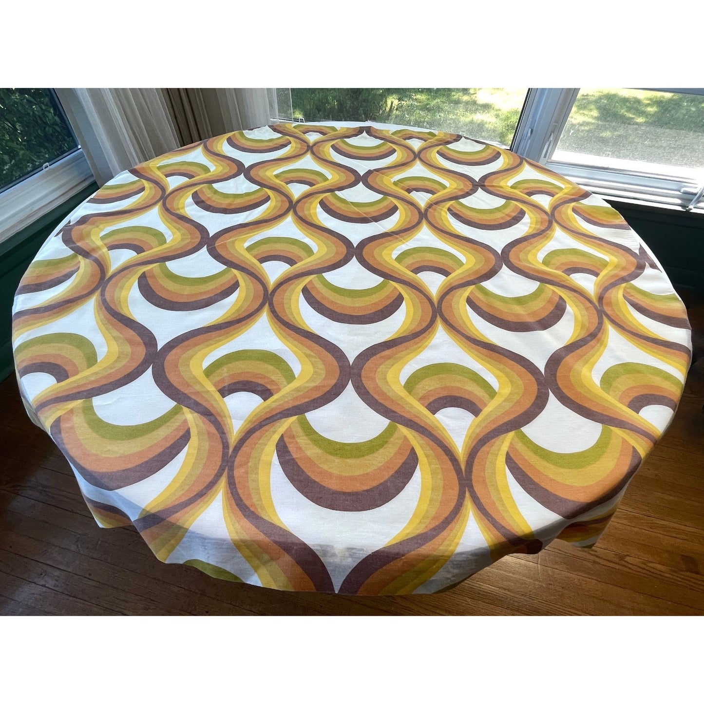 Vintage 70s curtain, bold orange green geometric print, single panel