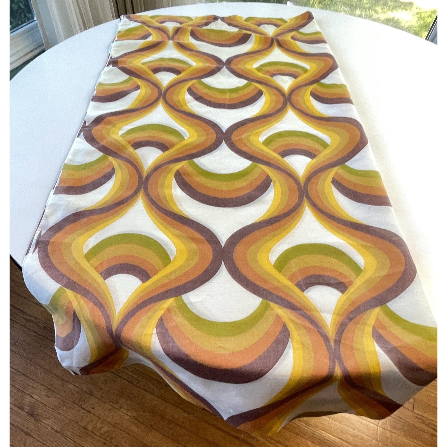 Vintage 70s curtain, bold orange green geometric print, single panel