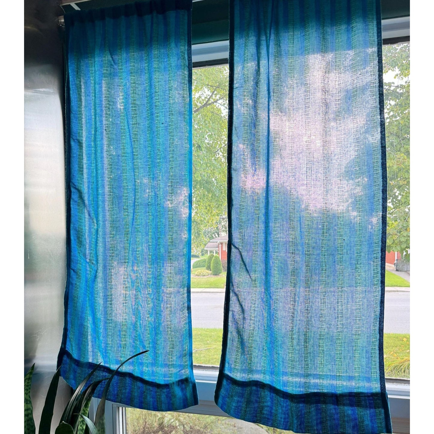 Vintage 70s curtain, striped peacock blue green panel