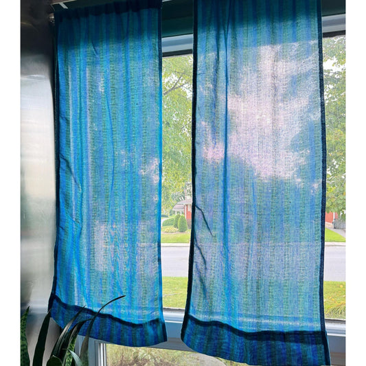 Vintage 70s curtain, striped peacock blue green panel