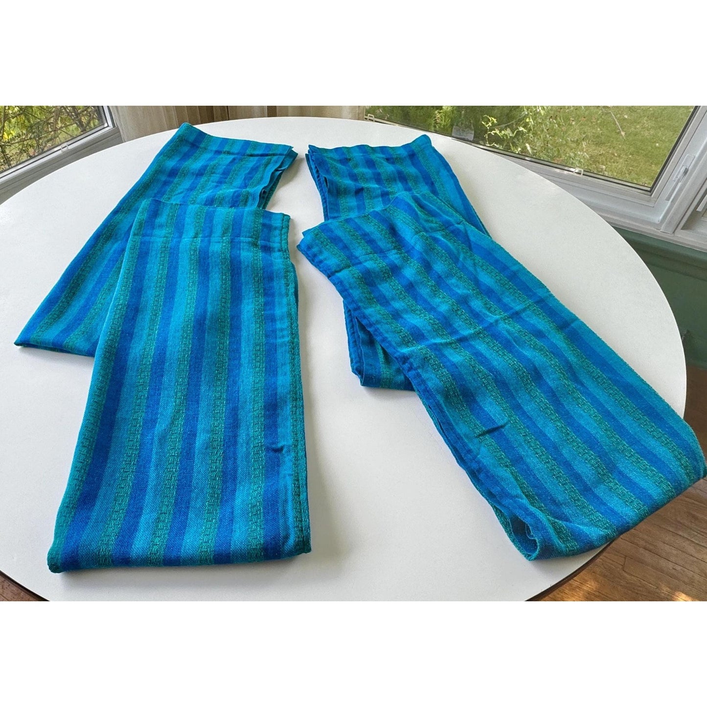 Vintage 70s curtain, striped peacock blue green panel