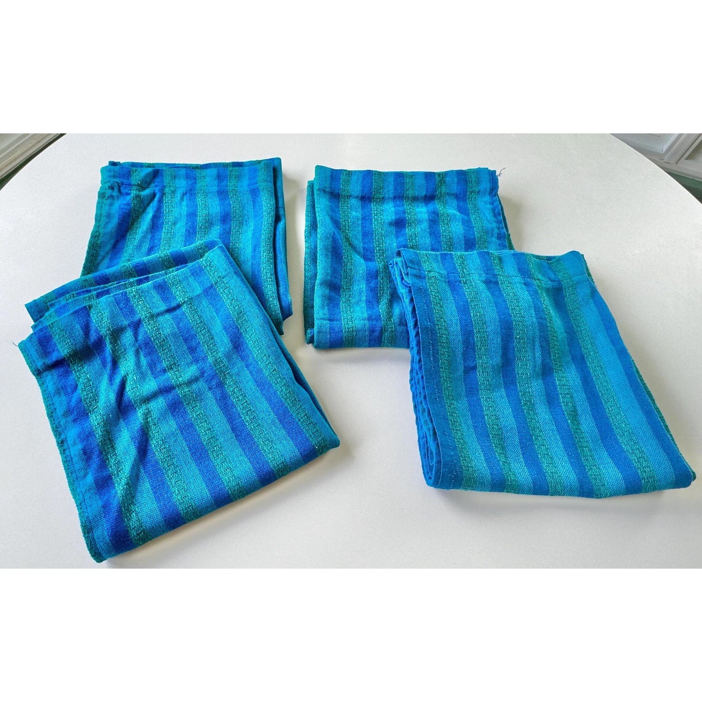 Vintage 70s curtain, striped peacock blue green panel