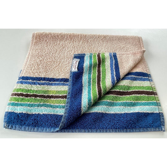 Vintage 80s hand towel, blue green tan stripes, Royal Family by Cannon