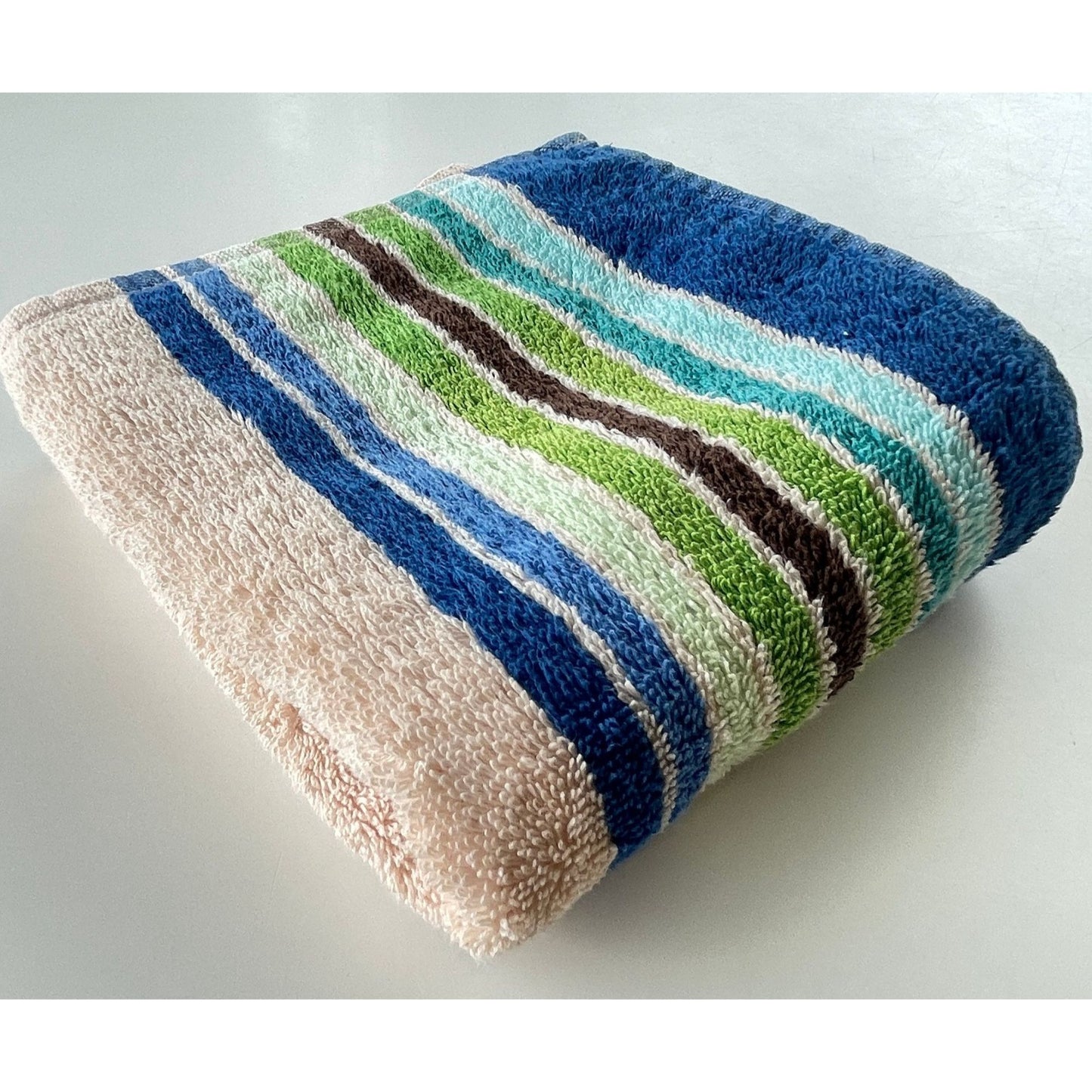 Vintage 80s hand towel, blue green tan stripes, Royal Family by Cannon