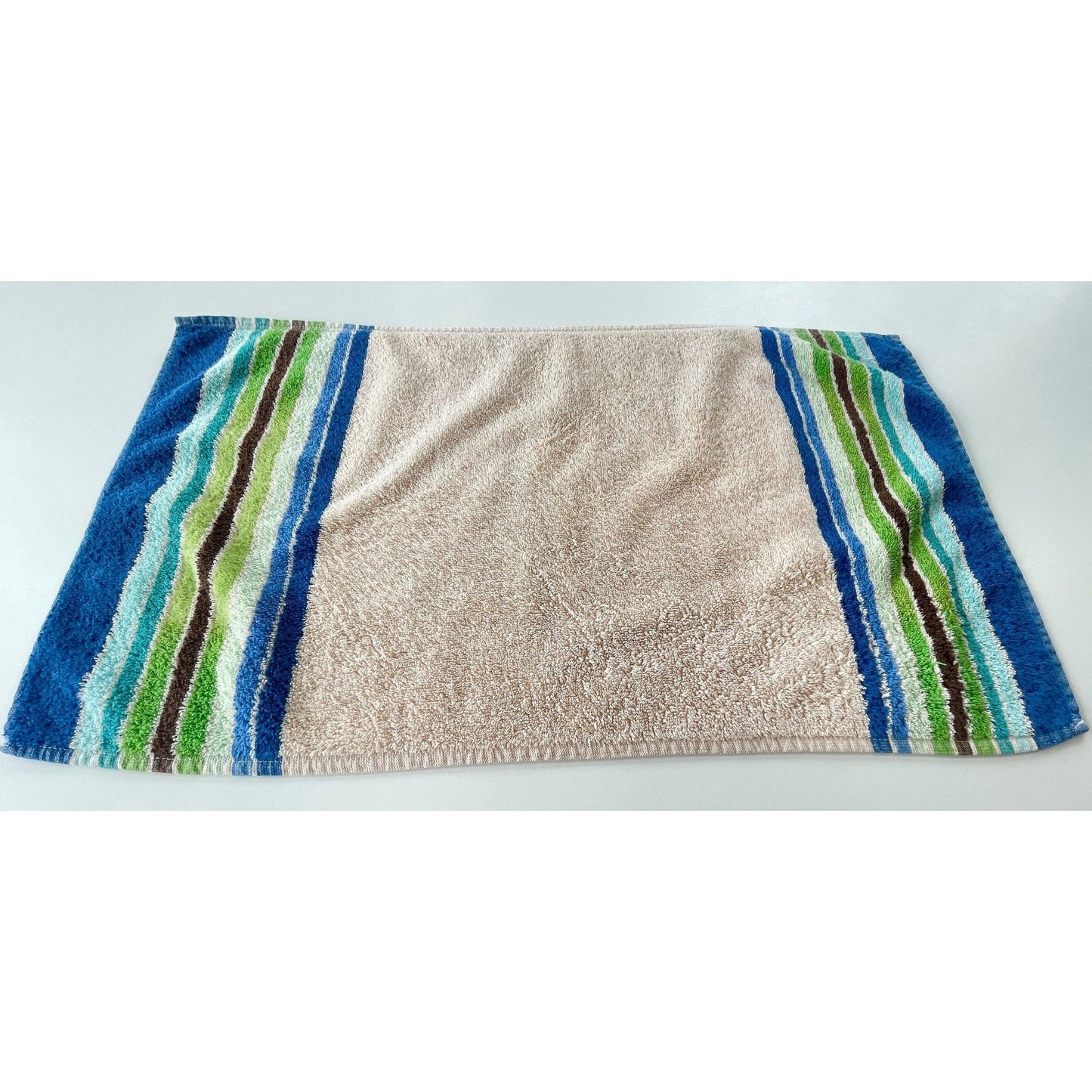Vintage 80s hand towel, blue green tan stripes, Royal Family by Cannon