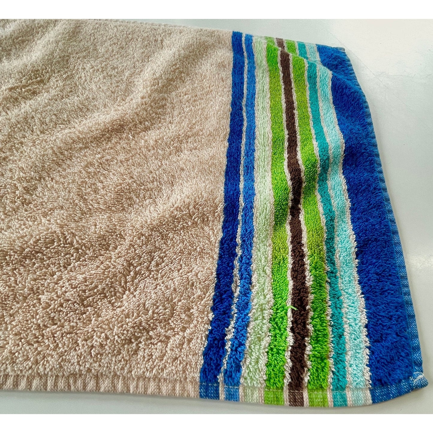 Vintage 80s hand towel, blue green tan stripes, Royal Family by Cannon